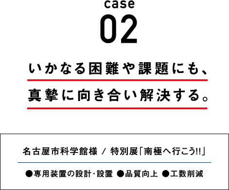 case02 いかなる困難や課題にも、真摯に向き合い解決する。 名古屋市科学館様 / 特別展「南極へ行こう！！」●専用装置の設計・設置 ●品質向上 ●工数削減