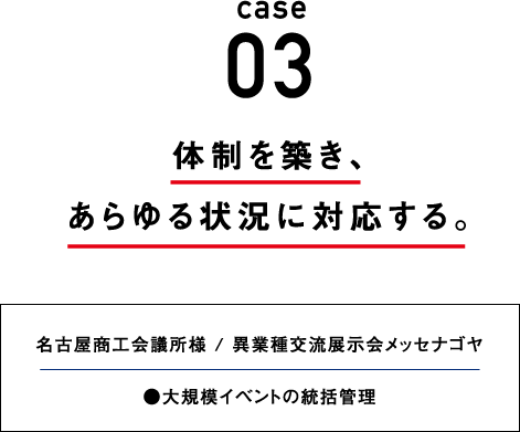 case03 揺るぎない体制を築き、あらゆる状況に対応する。 名古屋商工会議所様 / 異業種交流展示会メッセナゴヤ●イベント運営サポート ●大規模設営の統括管理